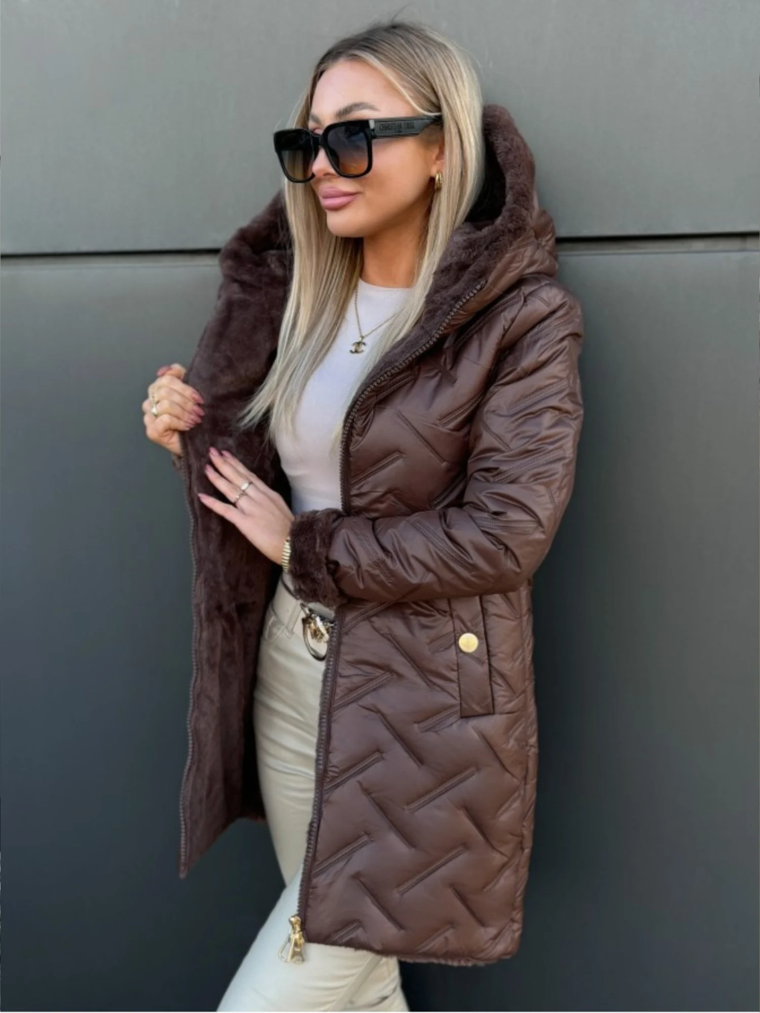 WOMEN'S LONGER QUILTED JACKET WITH FAUX FUR LINING DANA
