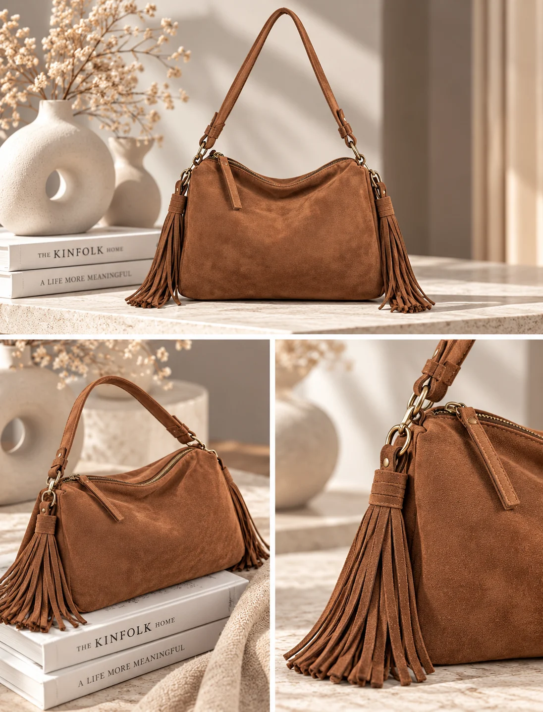 WOMEN'S SUEDE-STYLE HANDBAG WITH TASSELS SADIE