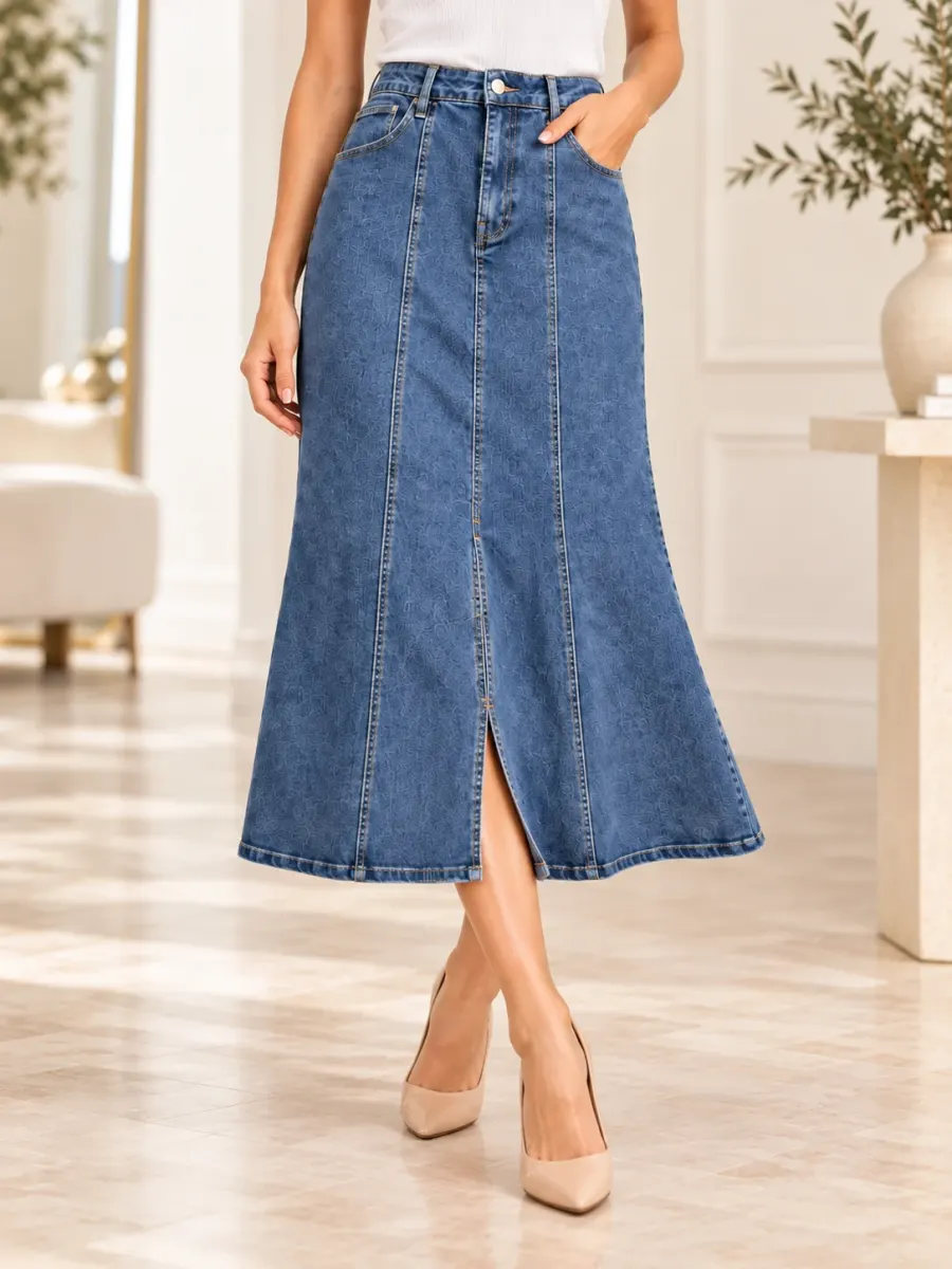 Fustă lungă din denim cu despicătură Linda